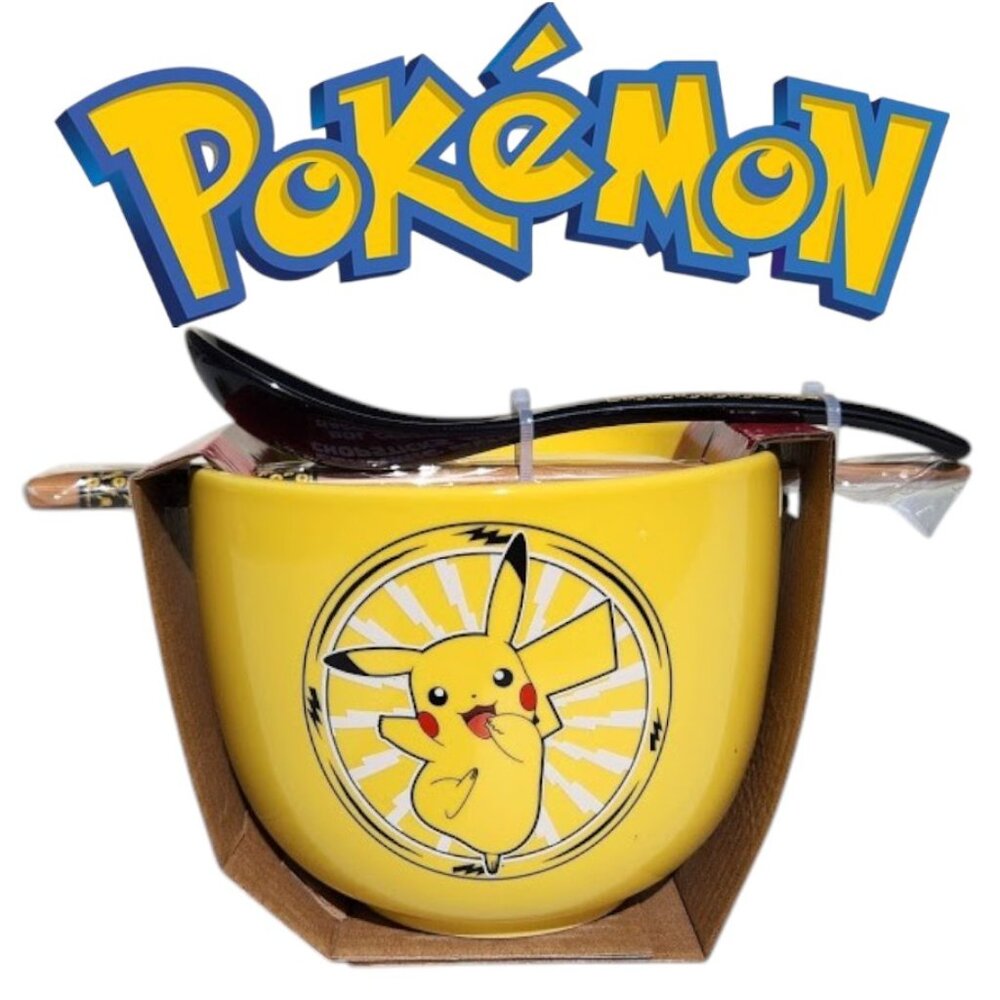 NEW Pokemon Pikachu Ceramic Ramen Bowl Chopsticks and Spoon Microwave Safe 20 oz